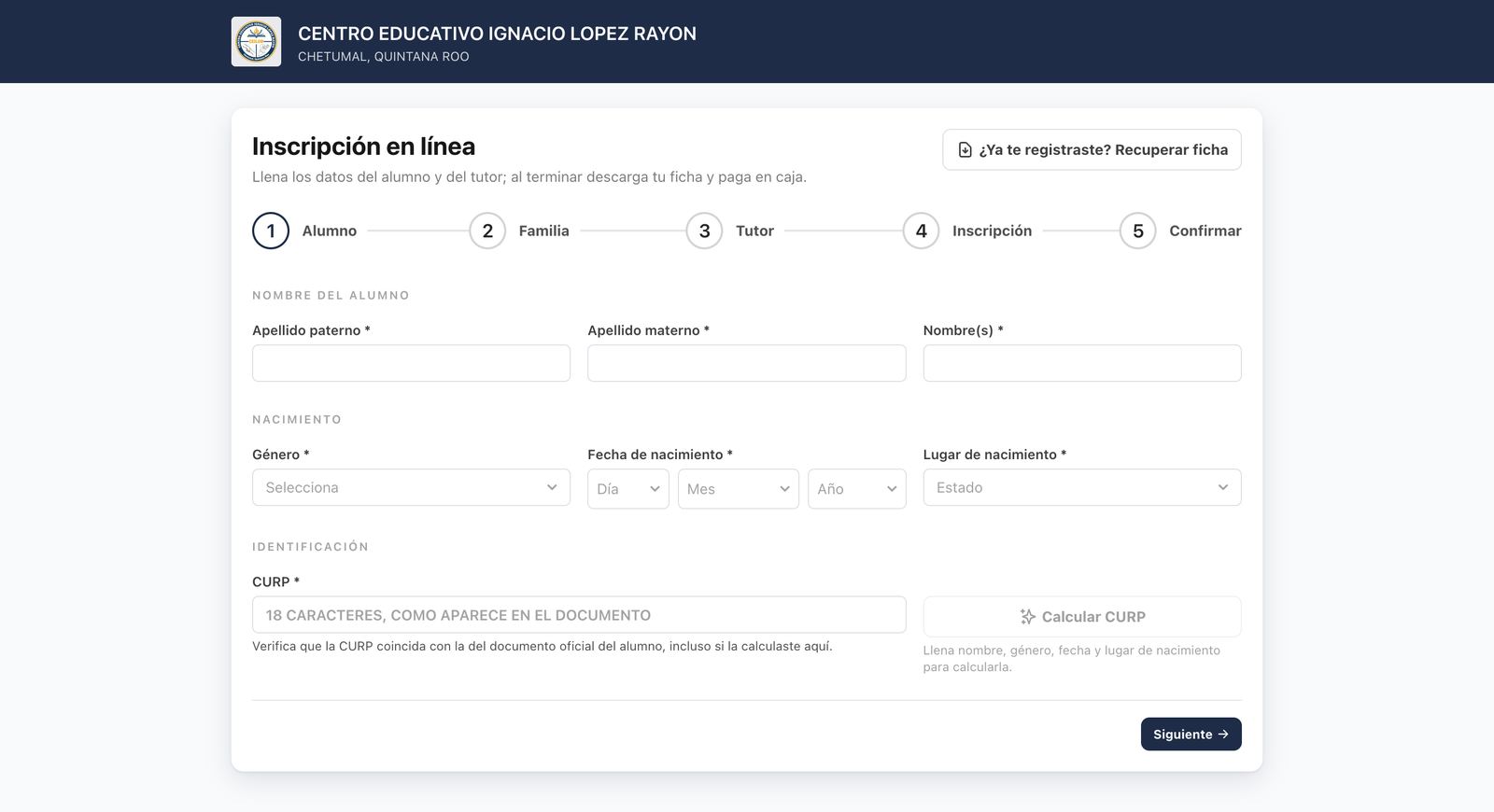 Portal público de inscripción en línea, paso 1 de 5